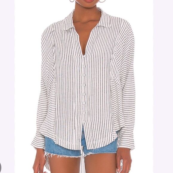 Women's Striped Button-Up Top - Black and White - Picture 1 of 6